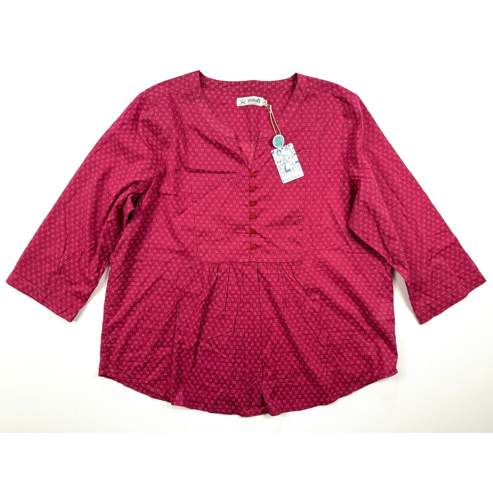 NWT SEASALT CORNWALL Red Sz 14 Sheer Peasant BOHO V Neck Blouse #1767